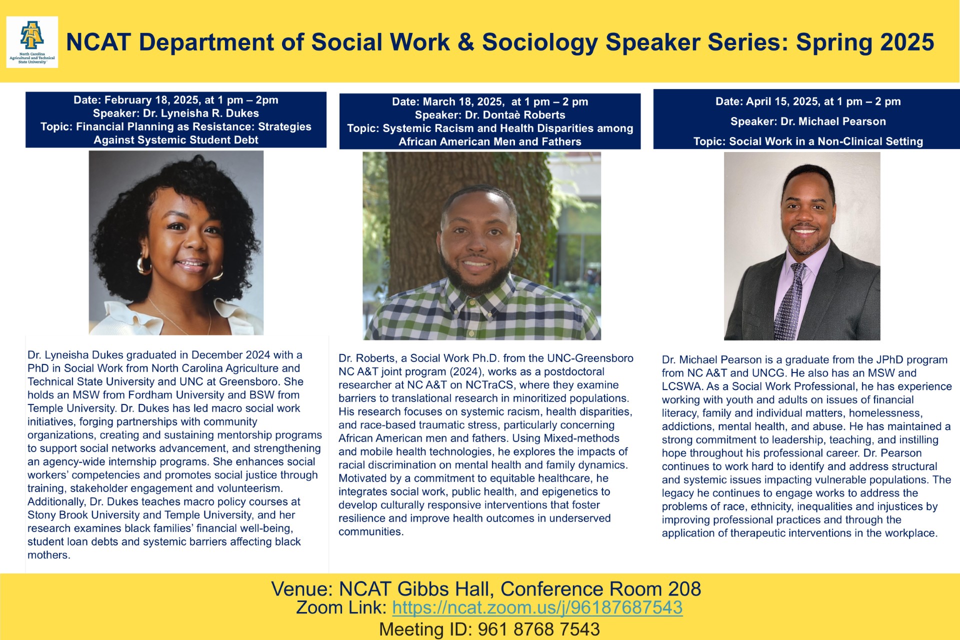 NCAT Department of Social Work & Sociology Speaker Series: Spring 2025 flyer